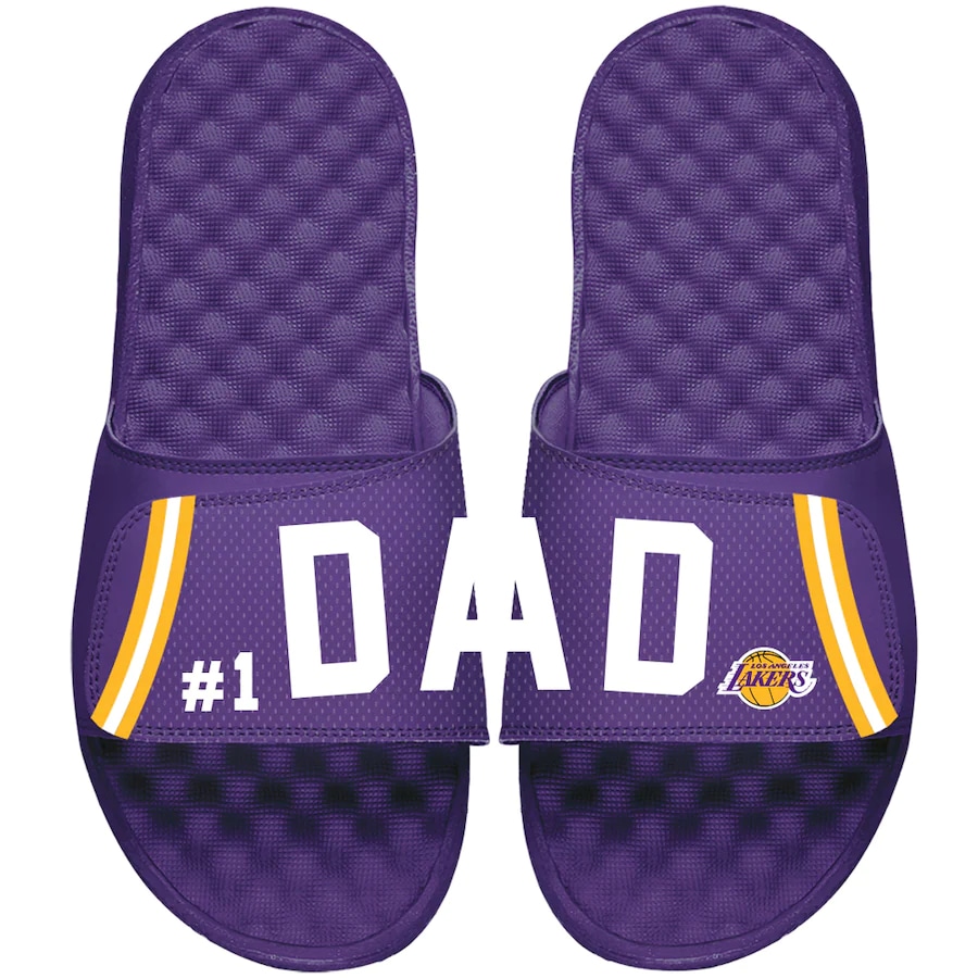Los Angeles Lakers ISlide dad slide sandals - Purple colored on a white background.