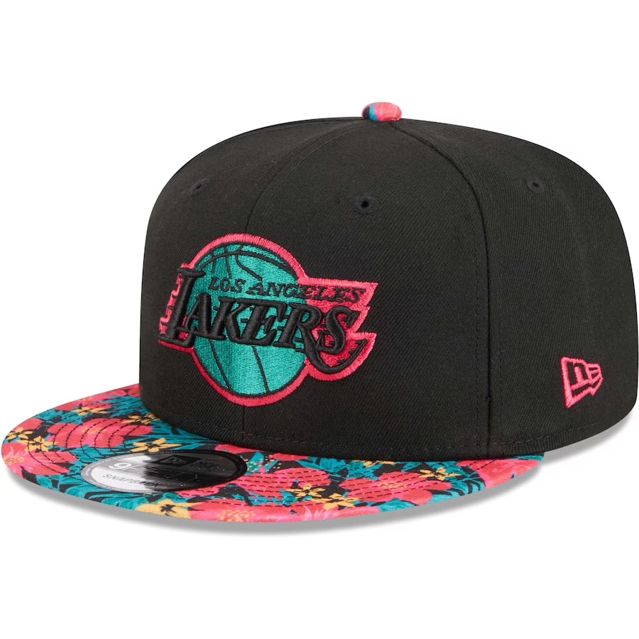 Los Angeles Lakers New Era neon floral 9FIFTY snapback hat - Black and floral colorway on a white background. 