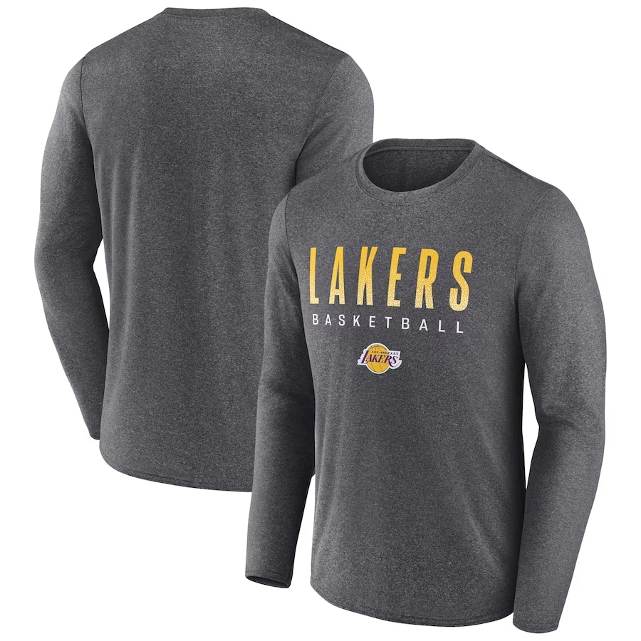 Los Angeles Lakers "Where Legends Play" practice shirt - Heathered charcoal colored on a white background.