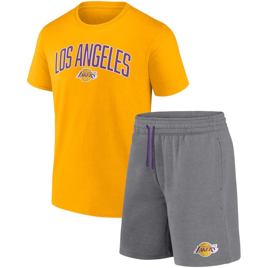 Los Angeles Lakers arch t-shirt & shorts set - Gold/Heather gray colorway on a white background.