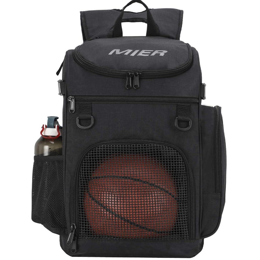MIER basketball backpack - Black color on a white background.