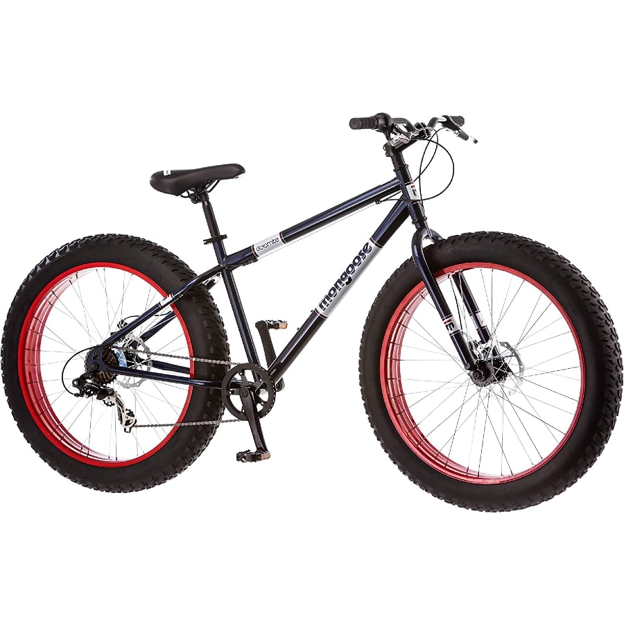 Mongoose Dolomite fit tire mountain bike - Navy colorway on a white background.