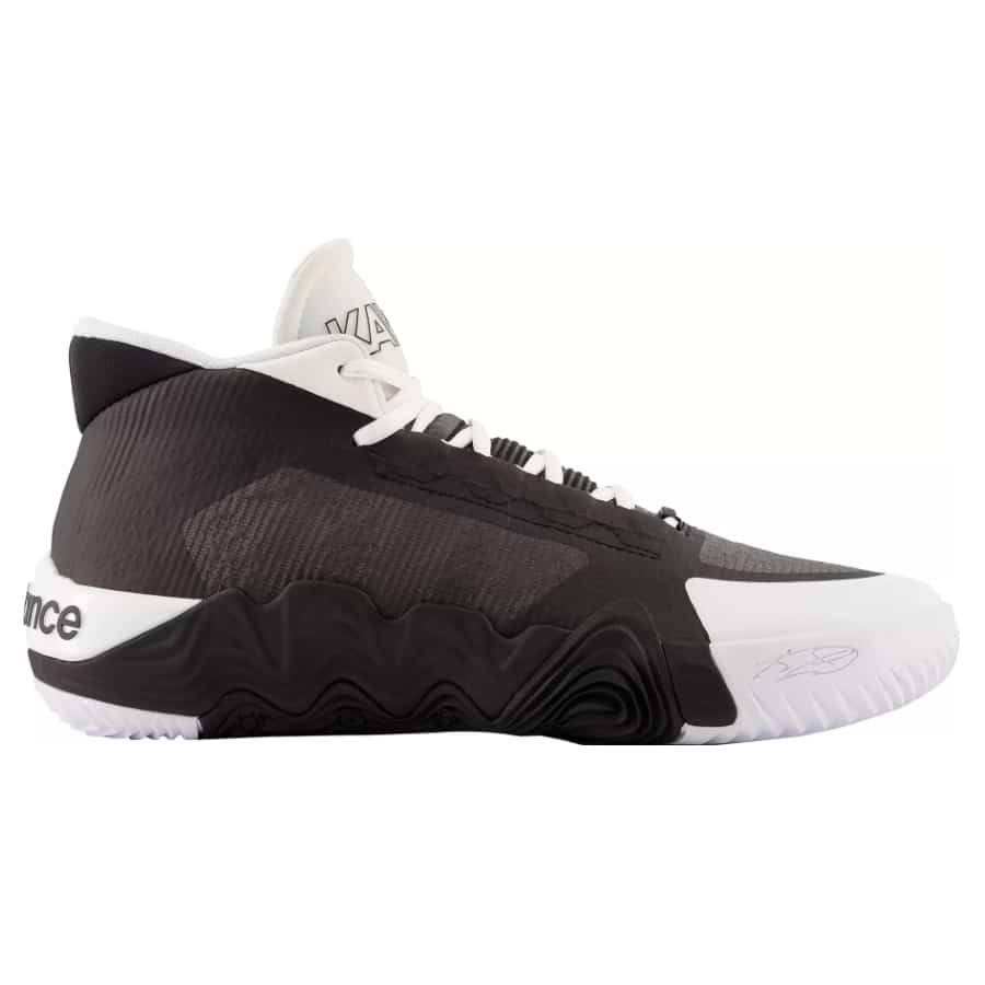 New Balance Kawhi 2 basketball shoes - Black/White colorway on a white background.