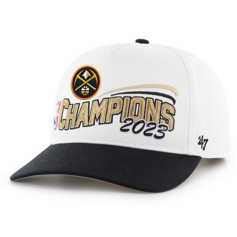 Nuggets '47 2023 NBA Finals champs adjustable hat - White/Black colored on a white background.