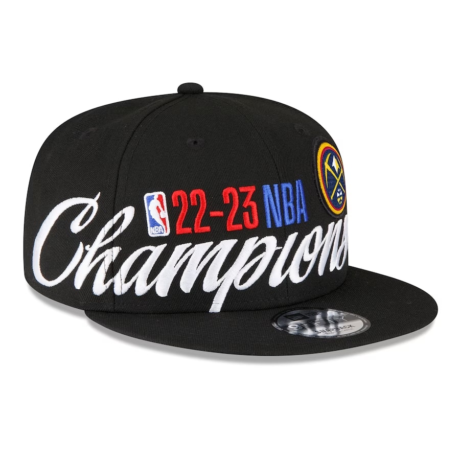 Nuggets New Era 2023 NBA Finals champs locker room snapback - Black colored on a white background.