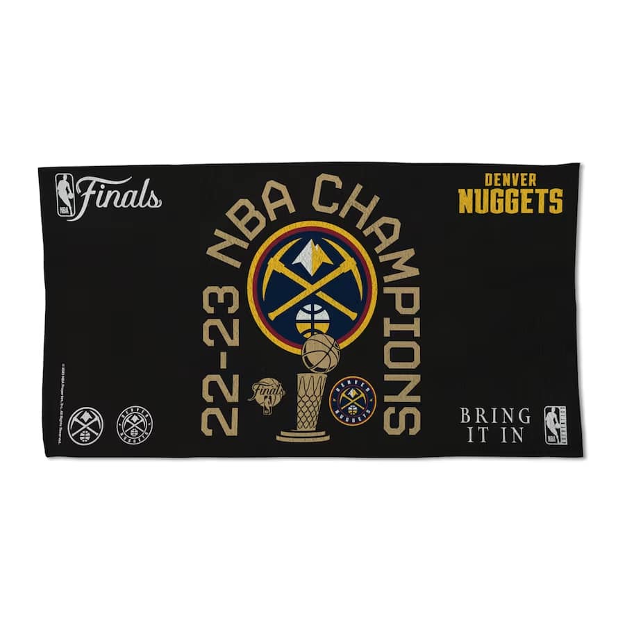 Nuggets WinCraft 2023 NBA Finals champs locker room 22" x 42" towel - Black colored on a white background.