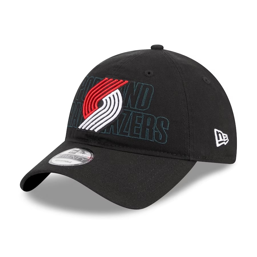 Portland Trail Blazers New Era '23 NBA Draft 9TWENTY adjustable hat - Black colored on a white background.