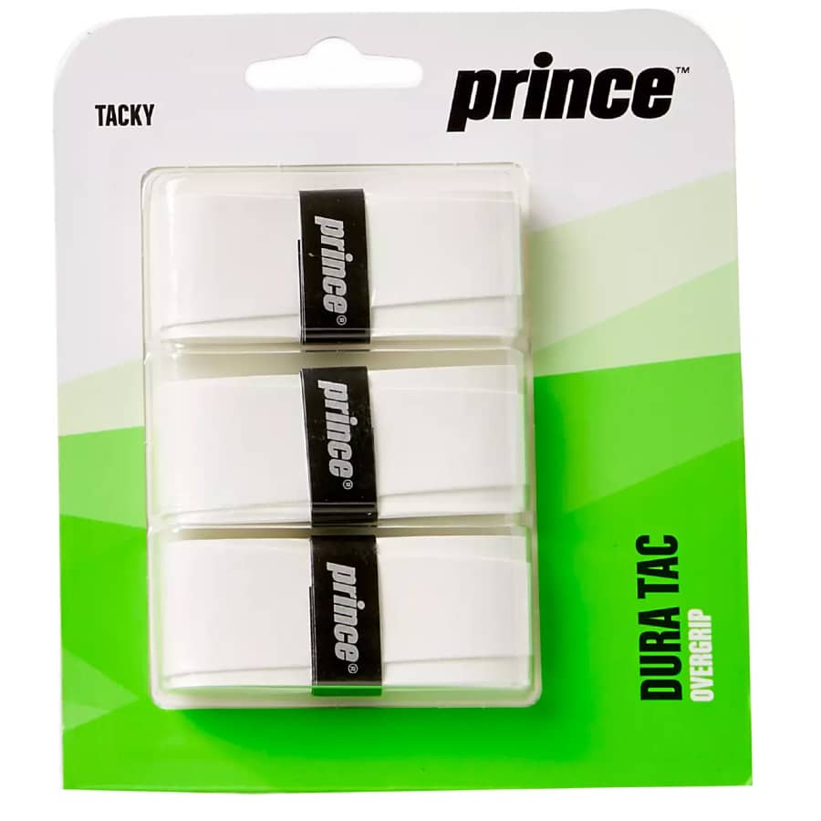 Prince 3-Pack Dura Tac overgrip - White colored on a white background.