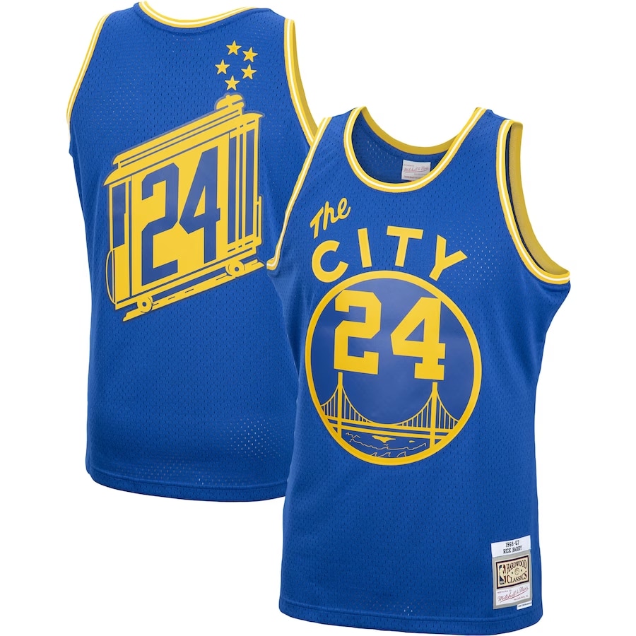 Rick Barry Golden State Warriors Mitchell & Ness  jersey - Royal colorway on a white background.