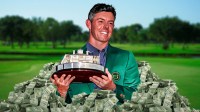 Rory McIlroy surrounded by piles of cash.