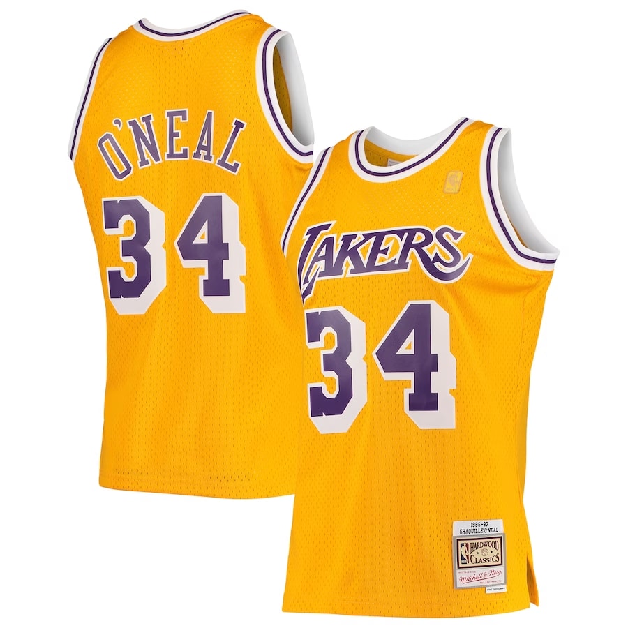 Shaquille O'Neal Mitchell & Ness Hardwood Classics '96-97 jersey - Gold color on a white background.