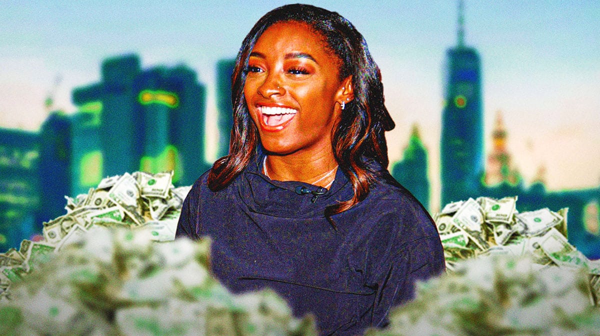 Simone Biles surrounded by piles of cash.