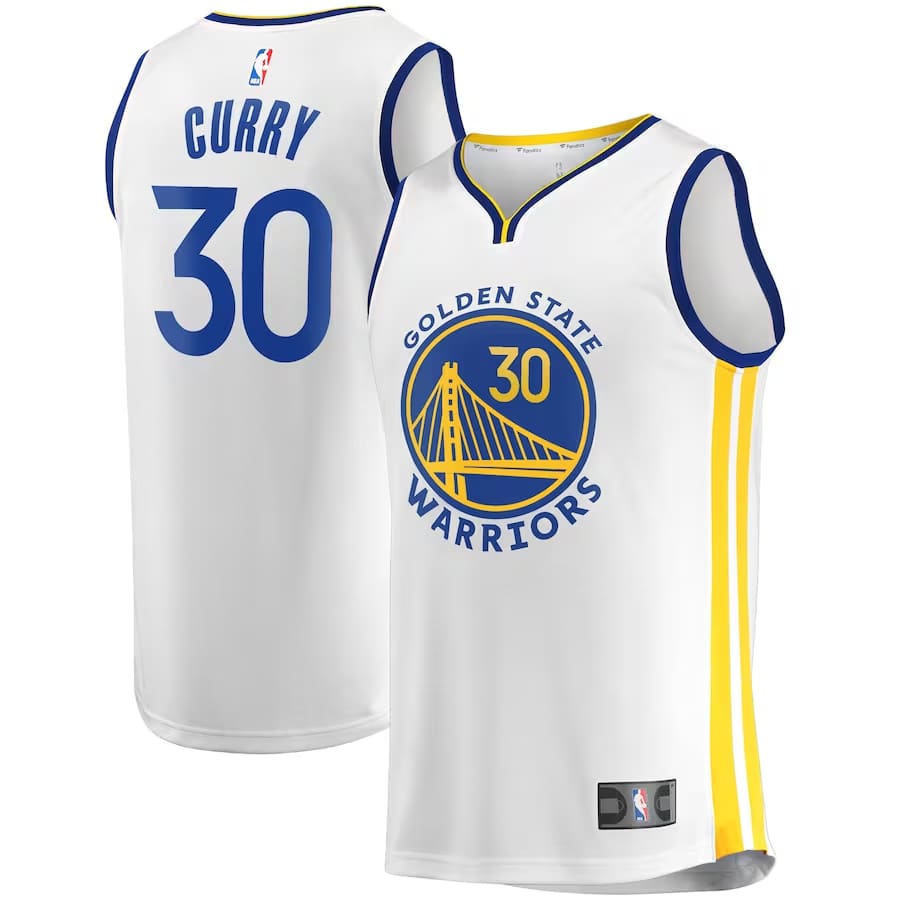 Stephen Curry Golden State Warriors '22/23 jersey - White colored on a white background.