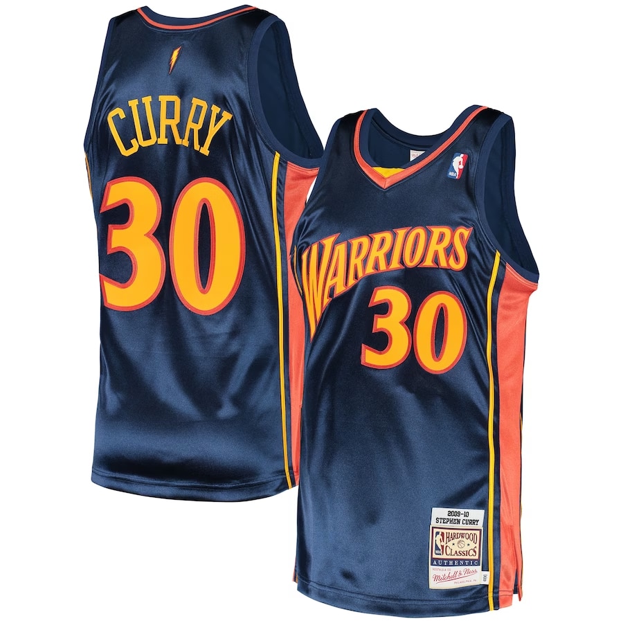 Stephen Curry Mitchell & Ness 2009 Hardwood Classics jersey - Navy colored on a white background.