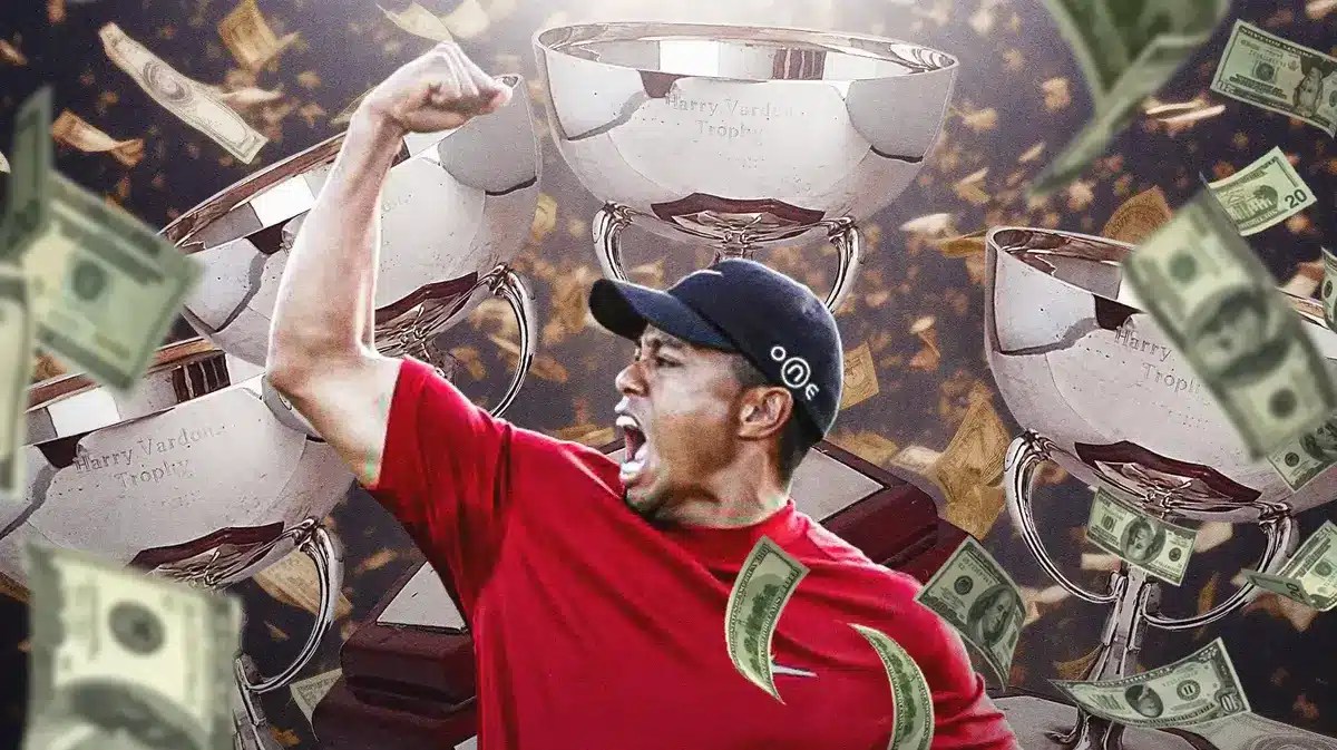 Tiger Woods surrounded by cash and trophies.
