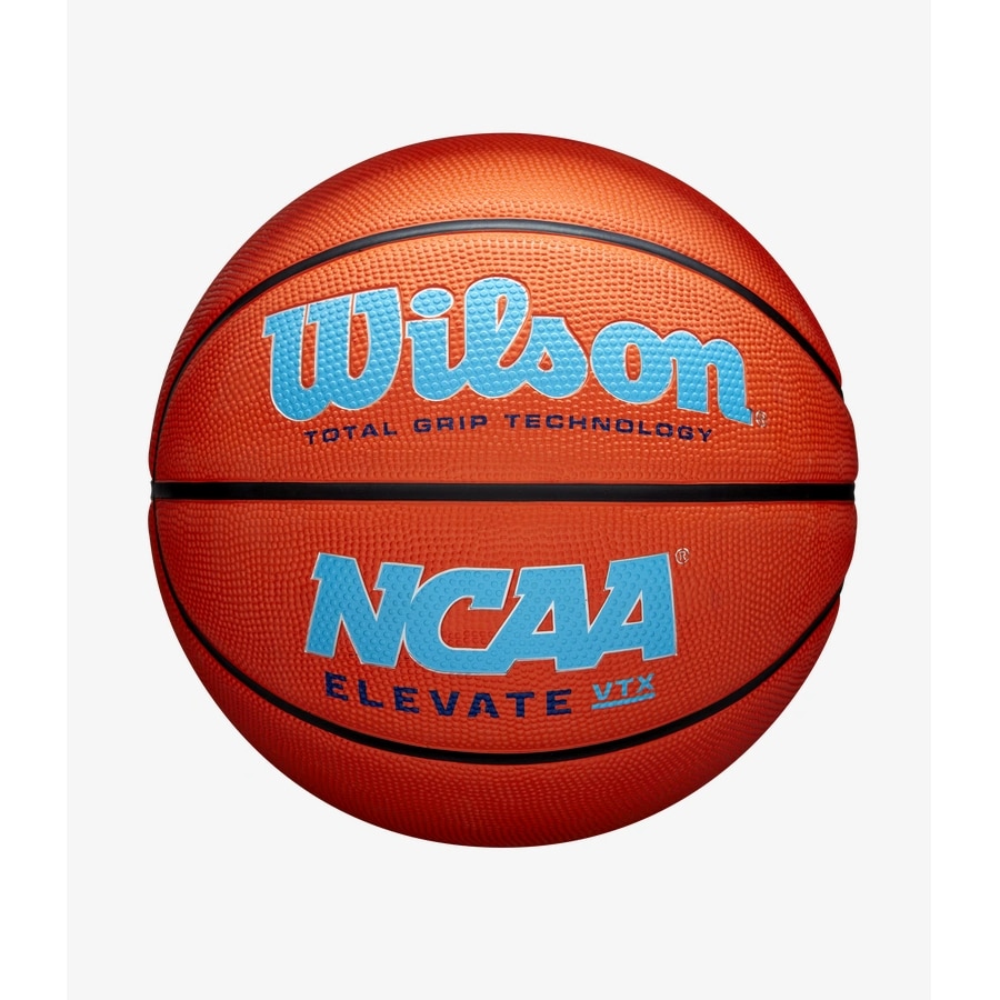 Still image of the Wilson NCAA Elevate VTX basketball on a light gray background.