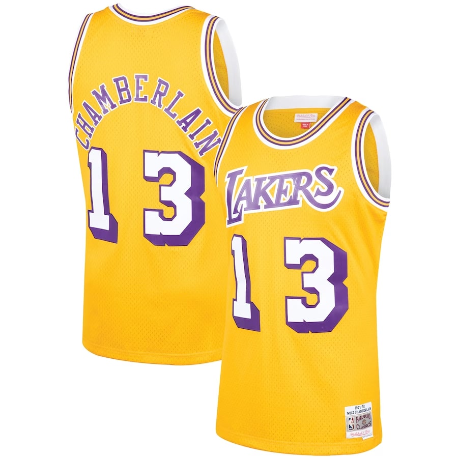 Wilt Chamberlain Mitchell & Ness '71-72 Hardwood jersey - Gold colored on a white background.