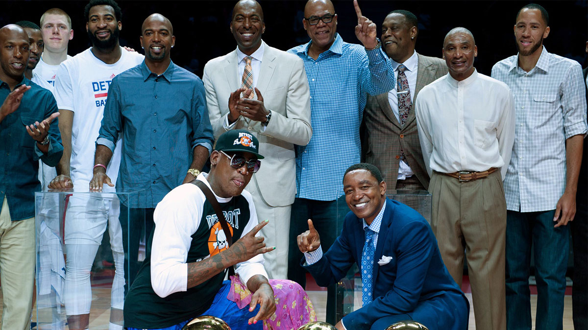 Detroit Pistons former players Dennis Rodman and Isiah Thomas pose during a halftime ceremony of a game against the Washington Wizards at The Palace of Auburn Hills.