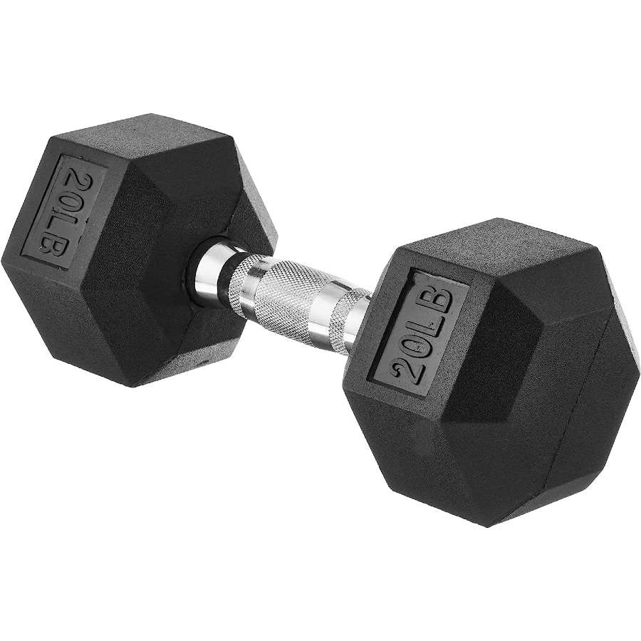 Amazon Basics rubber encased exercise & fitness hex dumbbell - 20 Lbs. still image against a white background.