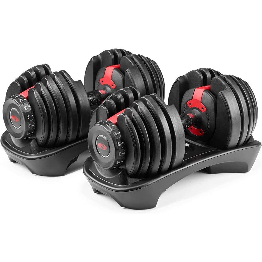 Bowflex SelectTech 552 adjustable dumbbells - Black on a white background.