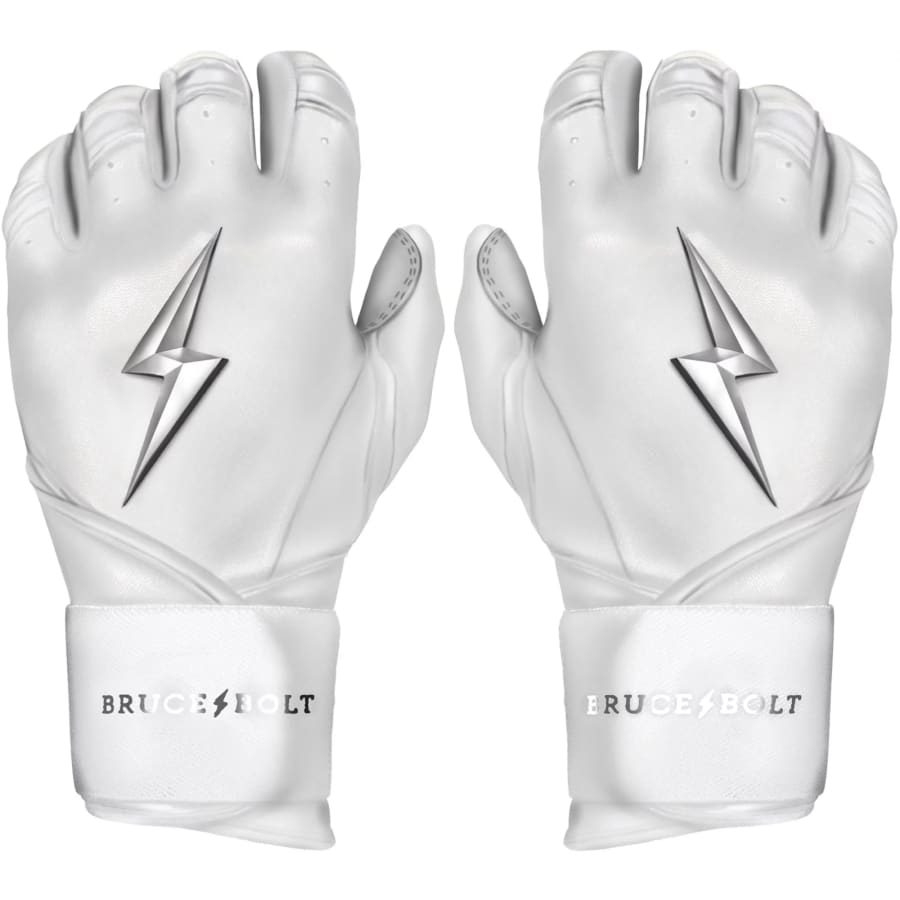 Bruce Bolt Long Cuff Chrome Batting Gloves - White colored on a white background.