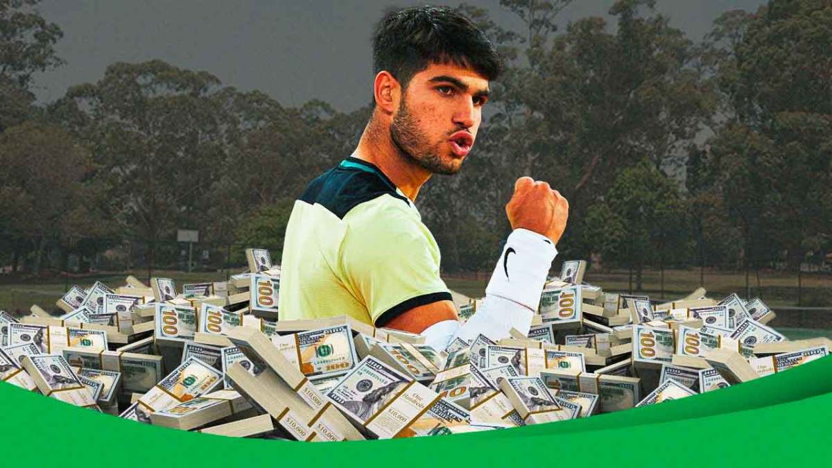 Carlos Alcaraz surrounded by piles of cash.