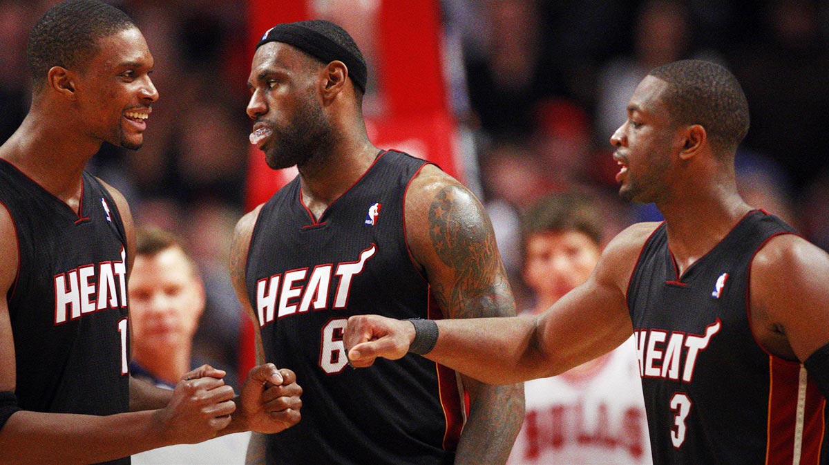Miami Heat players Chris Bosh (1) and LeBron James (6) and Dwyane Wade (3) during the fourth quarter against the Chicago Bulls at the United Center. The Bulls won 93-89.