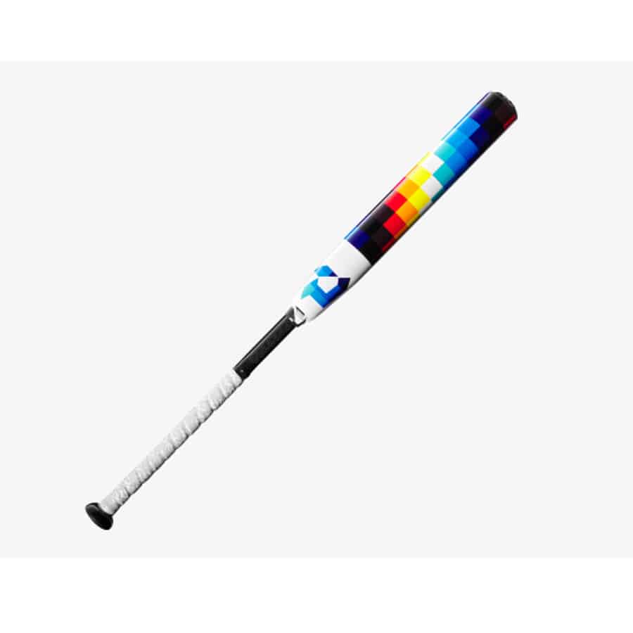 DeMarini Prism+ (-11) Fastpitch Bat - Multi-digital colorway on a light gray background.