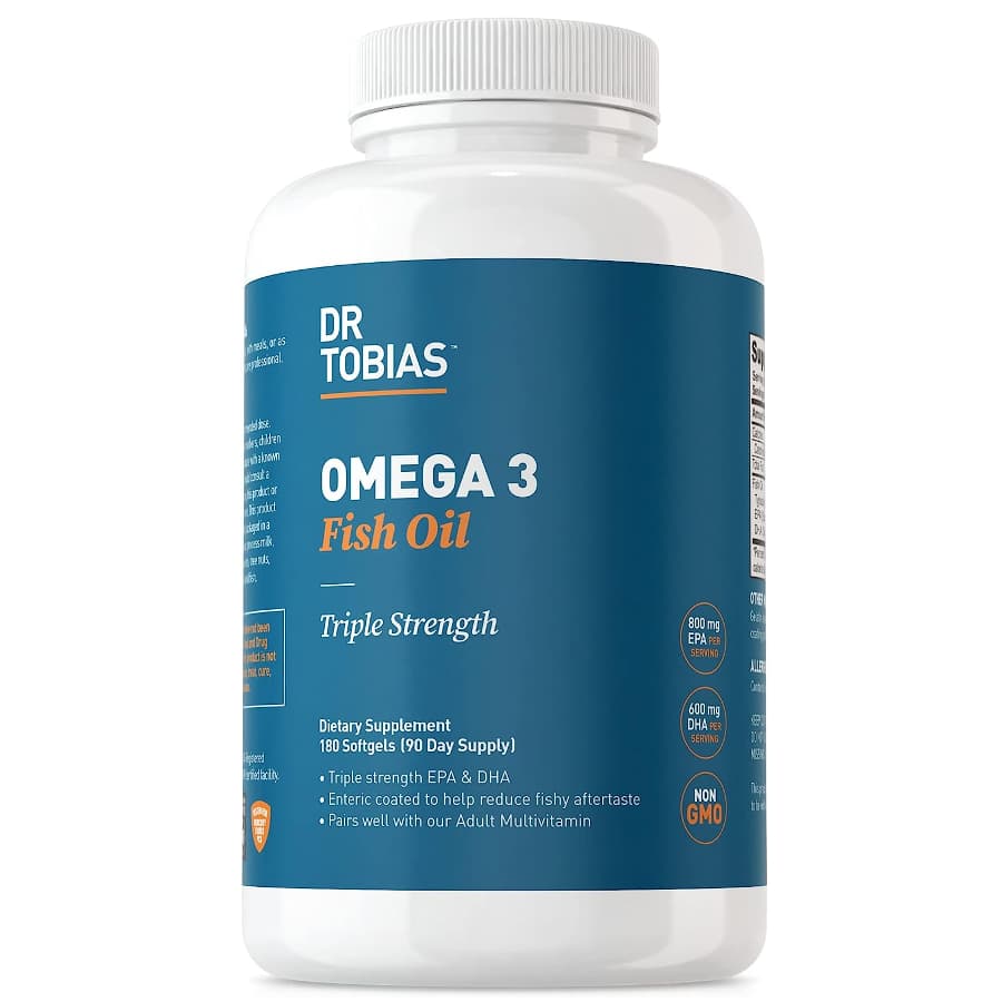Dr. Tobias Omega-3 fish oil, triple strength - 180 soft gels image against a white background.