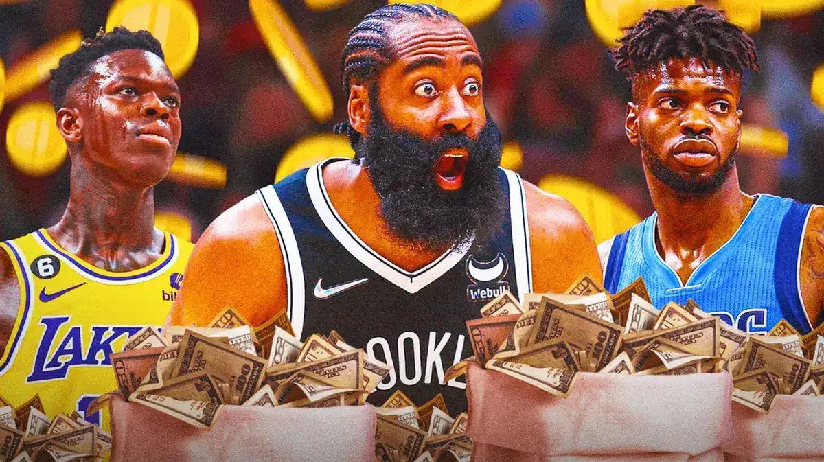 James Harden, Nerlens Noel and James Harden surrounded by cash.