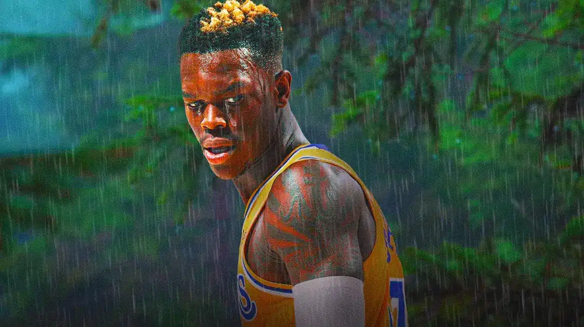 Dennis Schroder in a Lakers jersey with tears in his eyes.