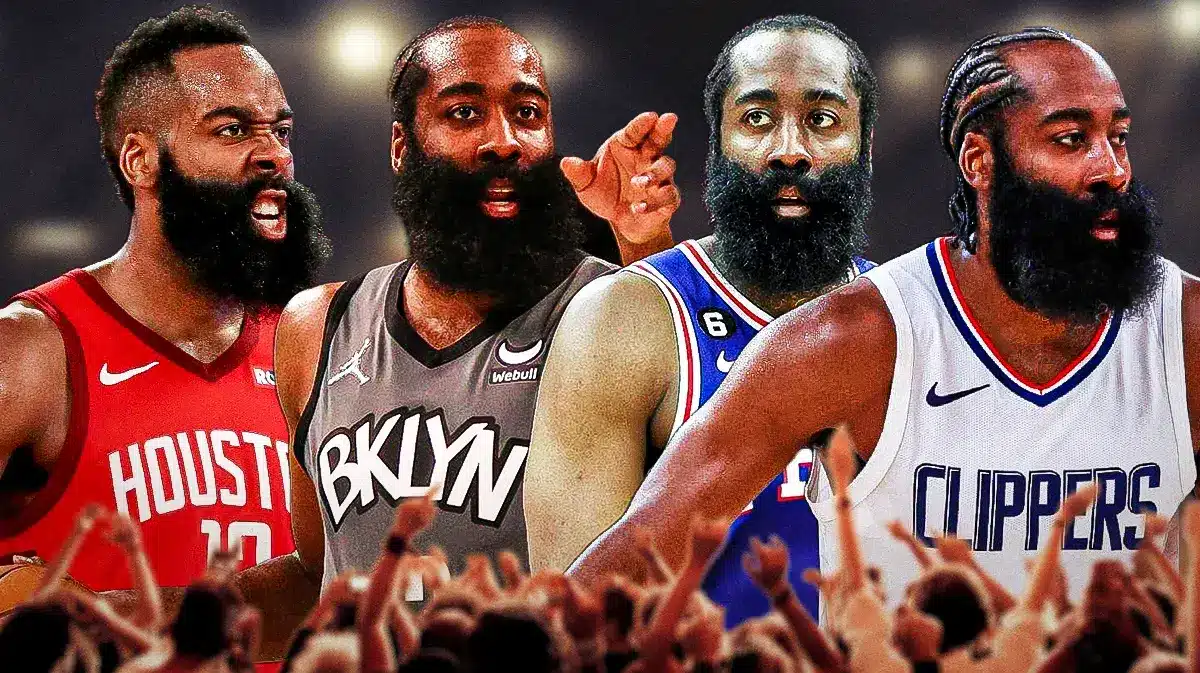 James Harden in Rockets, Nets, 76ers and Clippers jerseys.