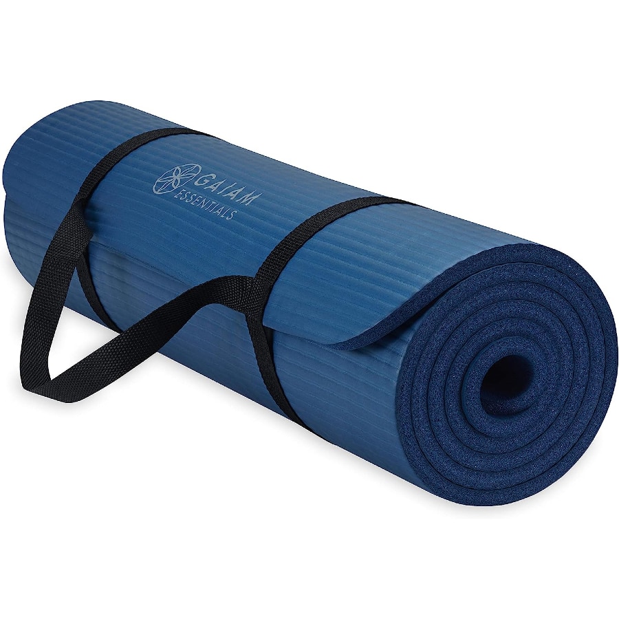 Gaiam Essentials thick yoga mat fitness & exercise mat  - Navy blue colored on a white background.