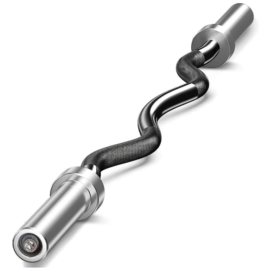 Holleyweb Olympic barbell EZ curl bar (14 Lbs.) - Black/Chrome colored on a white background.