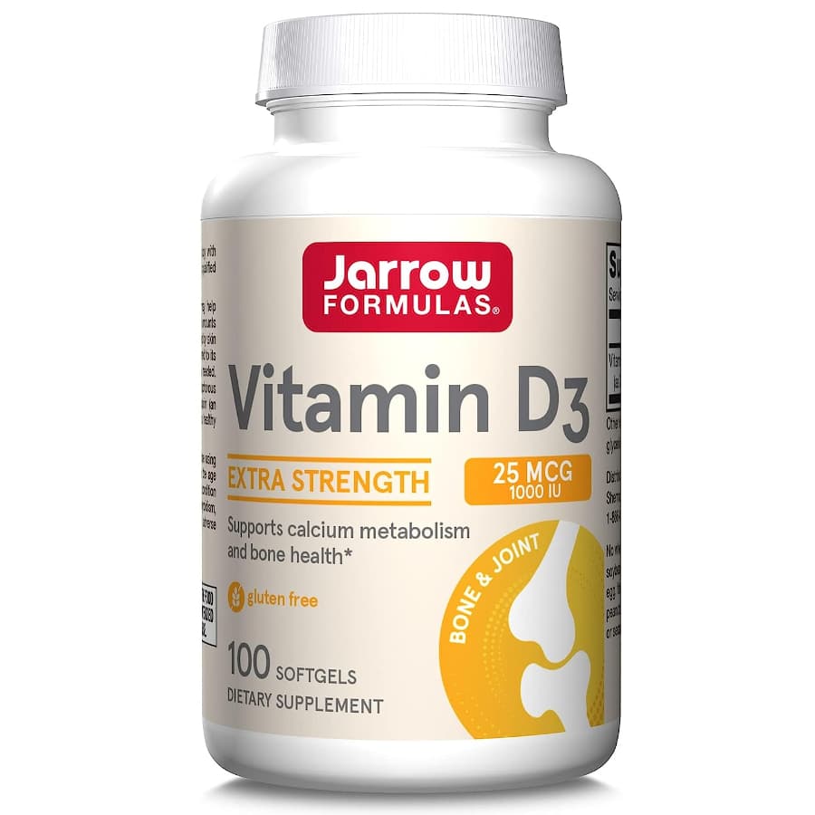 Jarrow Formulas Vitamin D3 1000 IU - 100 softgels still image against a white background.