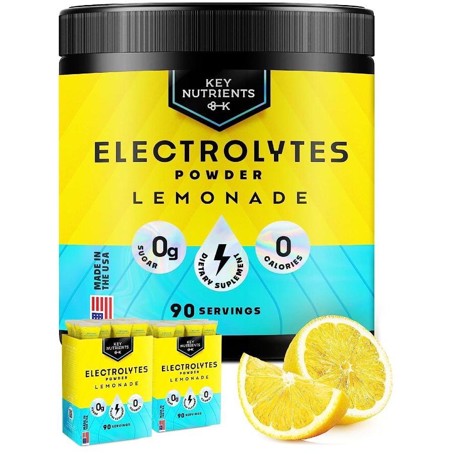 KEY NUTRIENTS electrolytes powder no sugar - Refreshing lemonade still image against a white background.