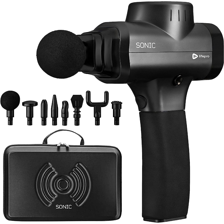LifePro Sonic handheld percussion massage gun - Black colored on a white background.