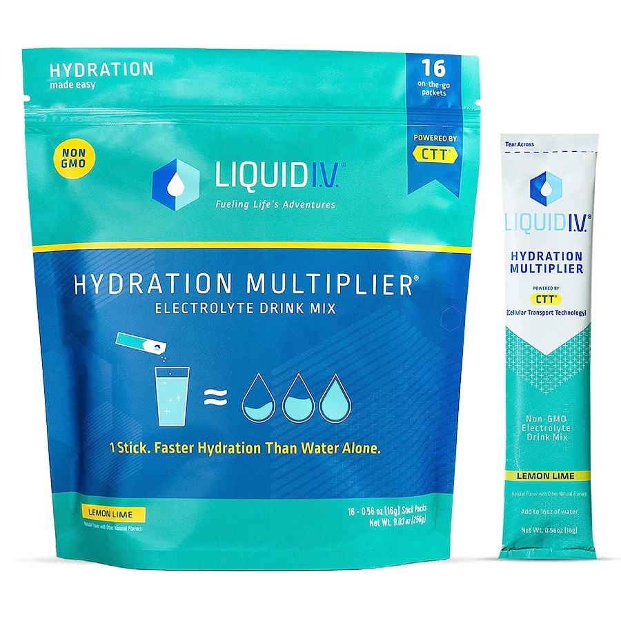 Liquid I.V. Hydration multiplier powder packets - Lemon Lime on a white background.