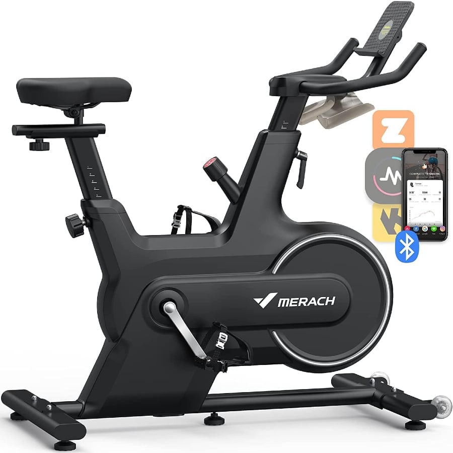 MERACH indoor stationary cycling bike - Black colored on a white background.