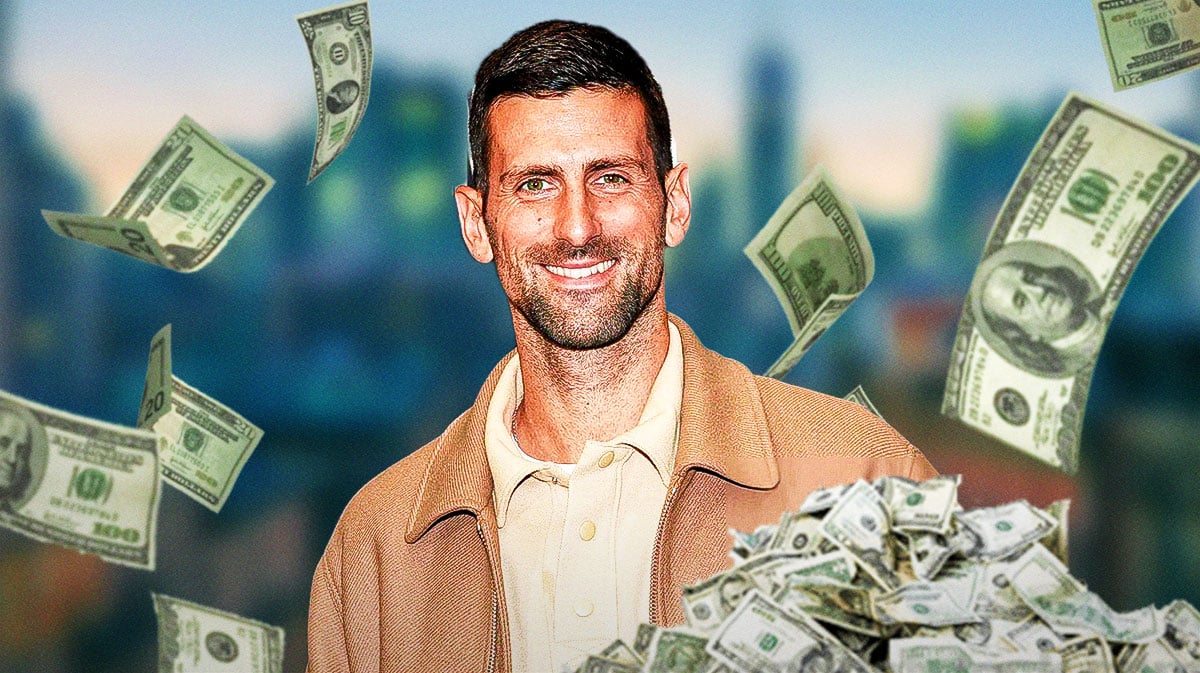 Novak Djokovic surrounded by piles of cash.