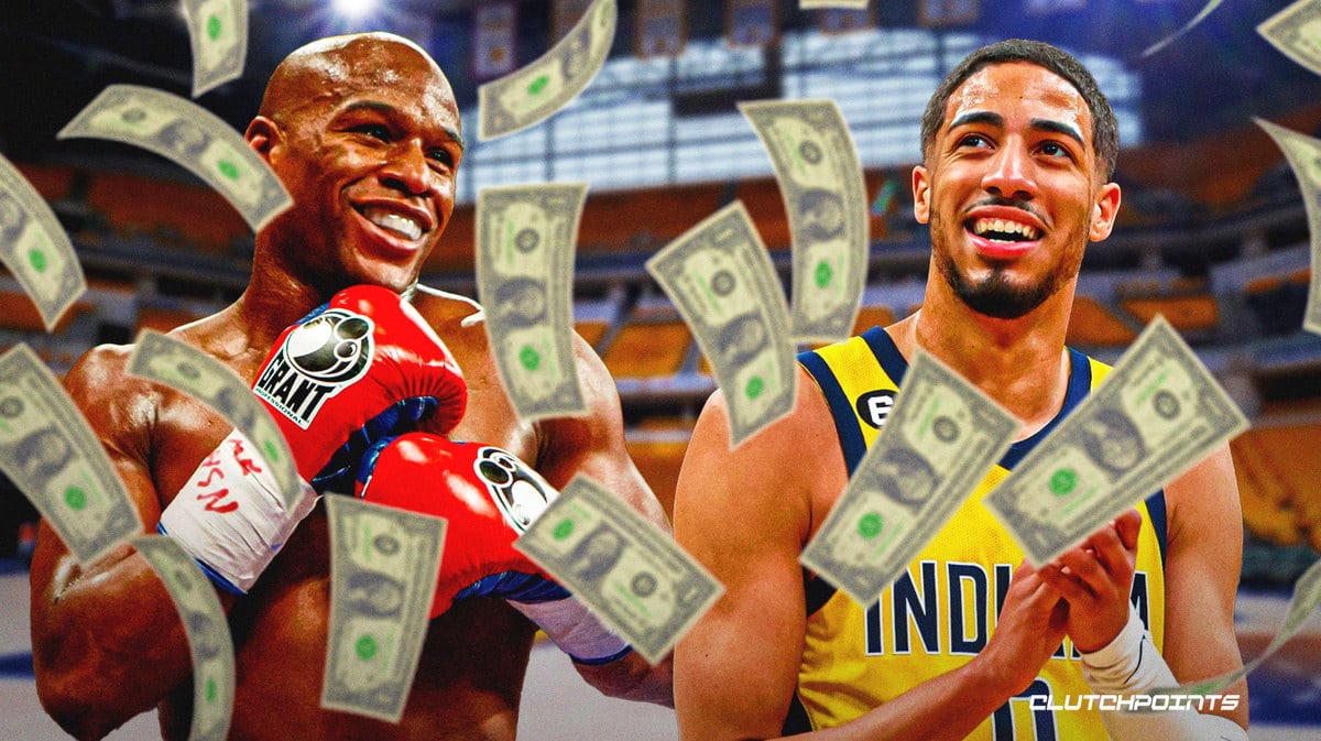 Pacers' Tyrese Haliburton celebrates with Floyd Mayweather after new