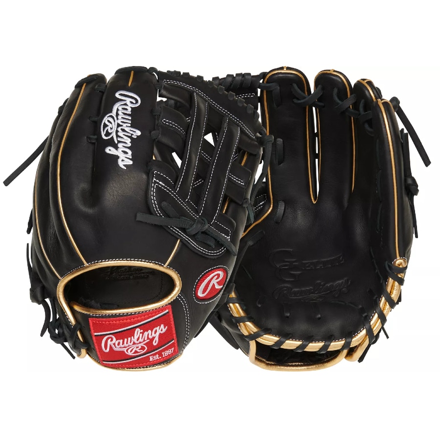 Rawlings 13'' GG Elite Series Slowpitch Glove - Black/Gold colorway on a white background.