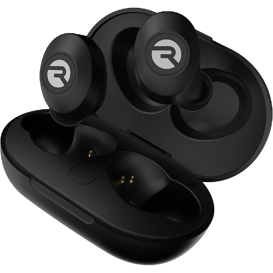 Raycon The Everyday Bluetooth wireless earbuds with microphone - Black colored on a white background.