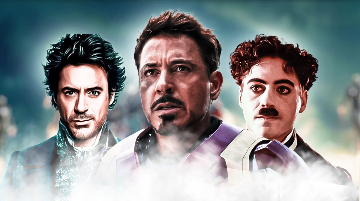 Robert Downey Jr. in various roles, inluding Tony Stark, Charlie Chaplin and Sherlock Holmes.