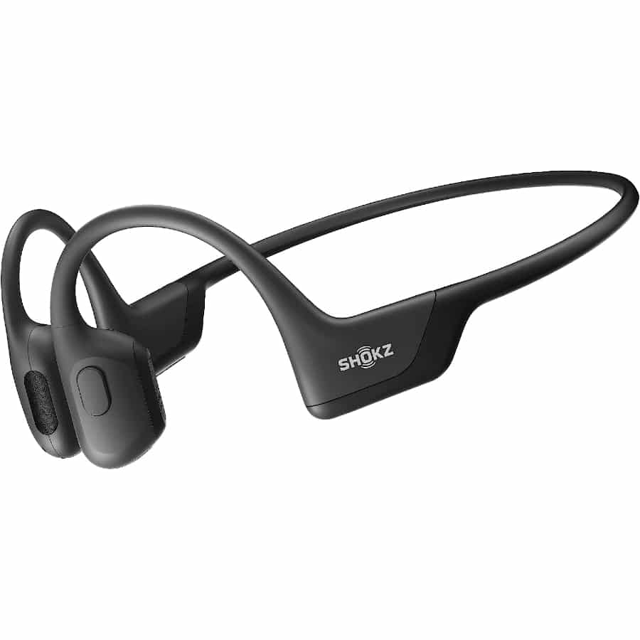 SHOKZ OpenRun Pro Open-ear Bluetooth bone conduction sport headphones - Black colored on a white background.