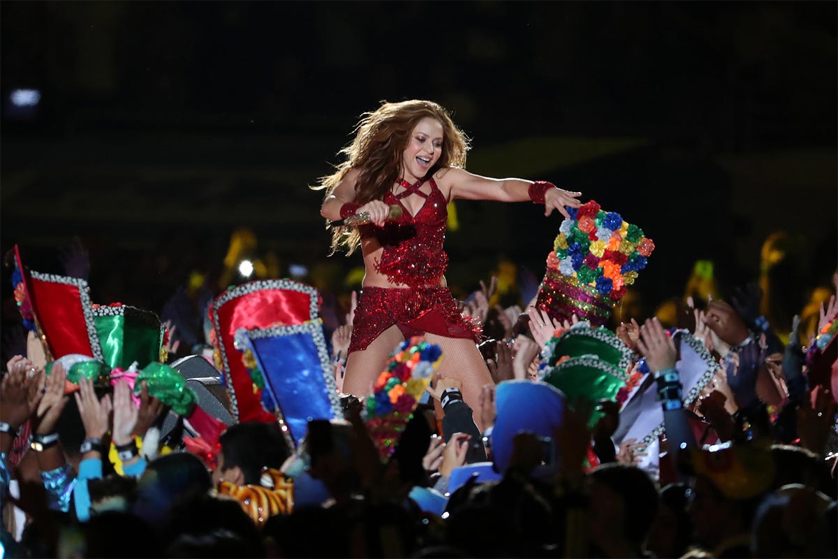 Recording artist Shakira performs during the halftime show in Super Bowl LIV between the San Francisco 49ers and the Kansas City Chiefs at Hard Rock Stadium.