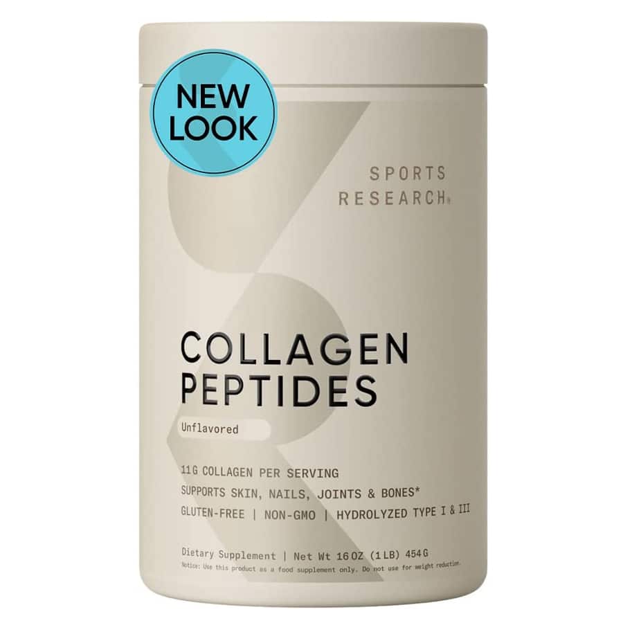 Sports Research hydrolyzed Type 1 & 3 collagen peptide powder (unflavored) against a white background.