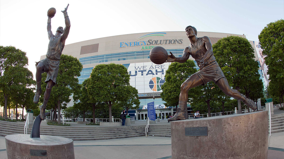 A general view of EnergySolutions Arena with statues of John Stockton (right) and Karl Malone prior to game three of the Western Conference quarterfinals of the 2012 NBA Playoffs between the Utah Jazz and the Phoenix Suns.