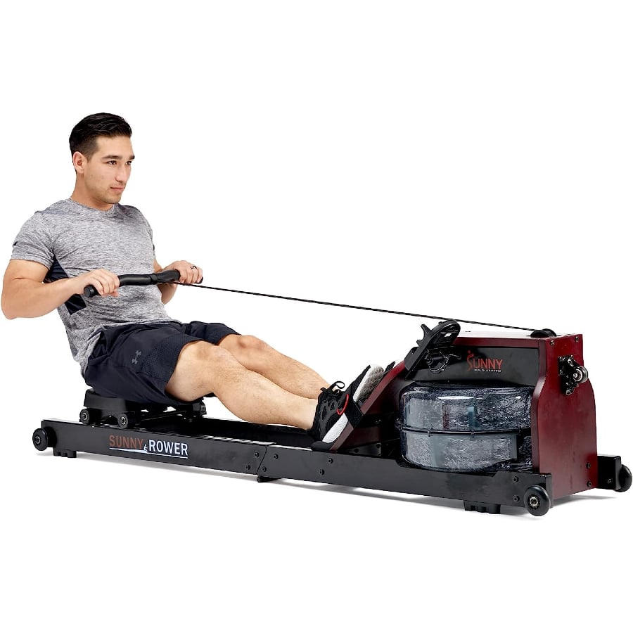 Sunny Health & Fitness foldable wooden water rowing machine - Black colored on a white background.