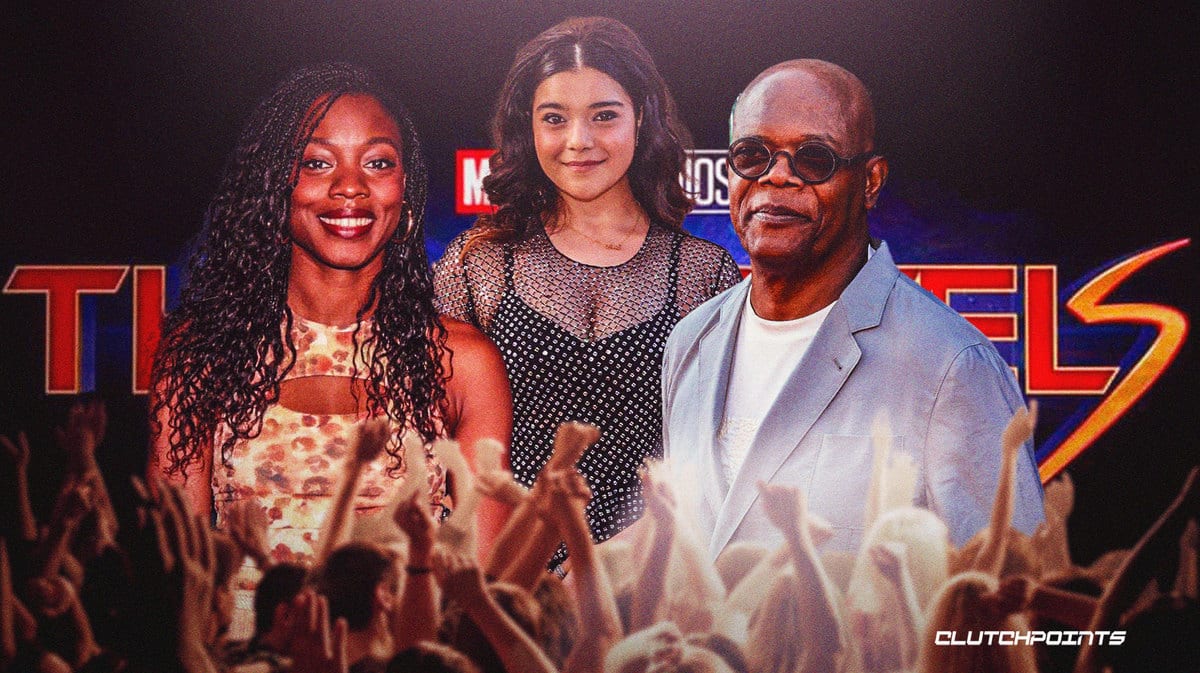 Nia DaCosta, Iman Vellani, Samuel L. Jackson, MCU film The Marvels logo